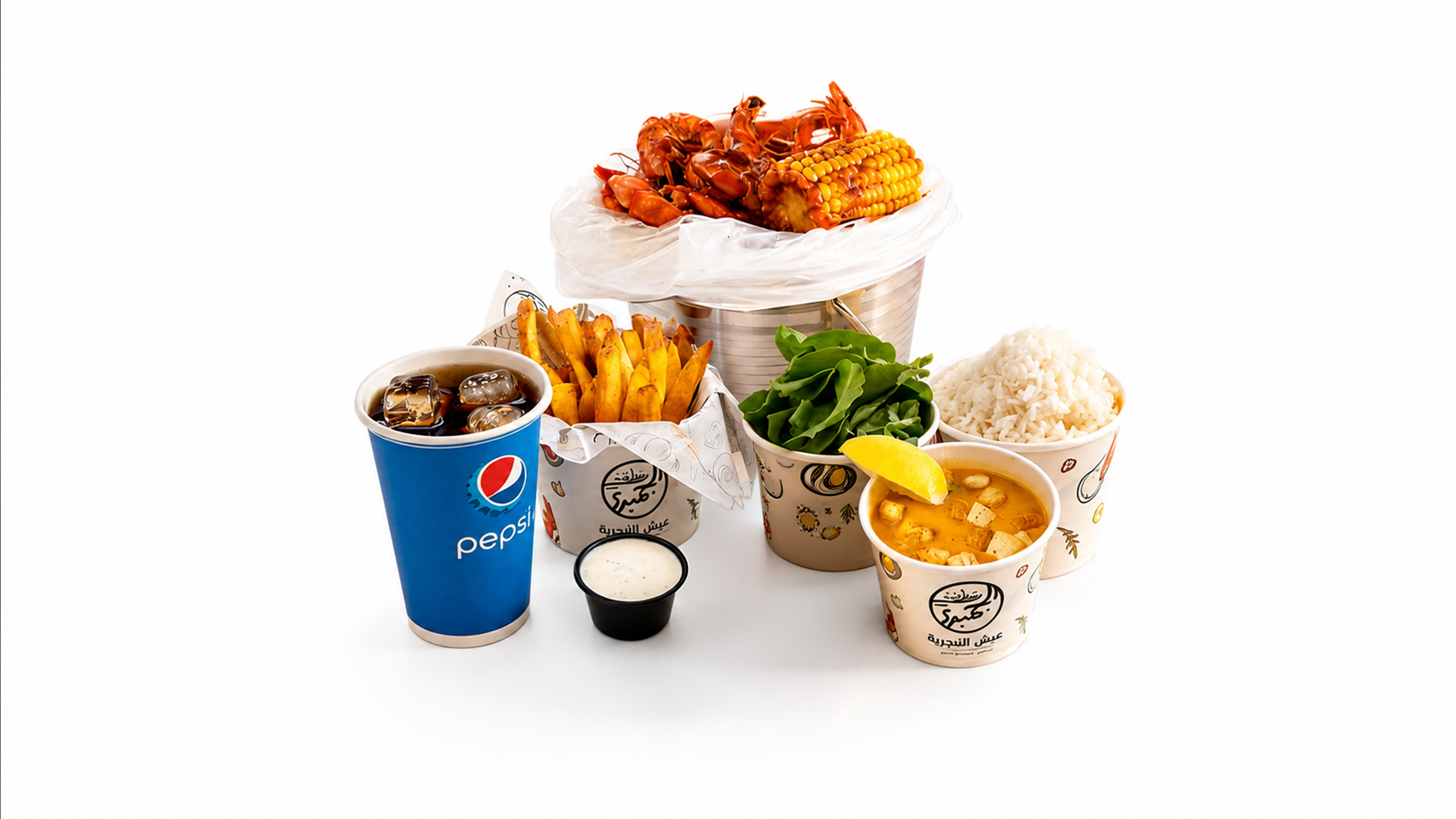 Shrimp Zone lunch meal with shrimp bucket, fries, rice, salad and a drink
