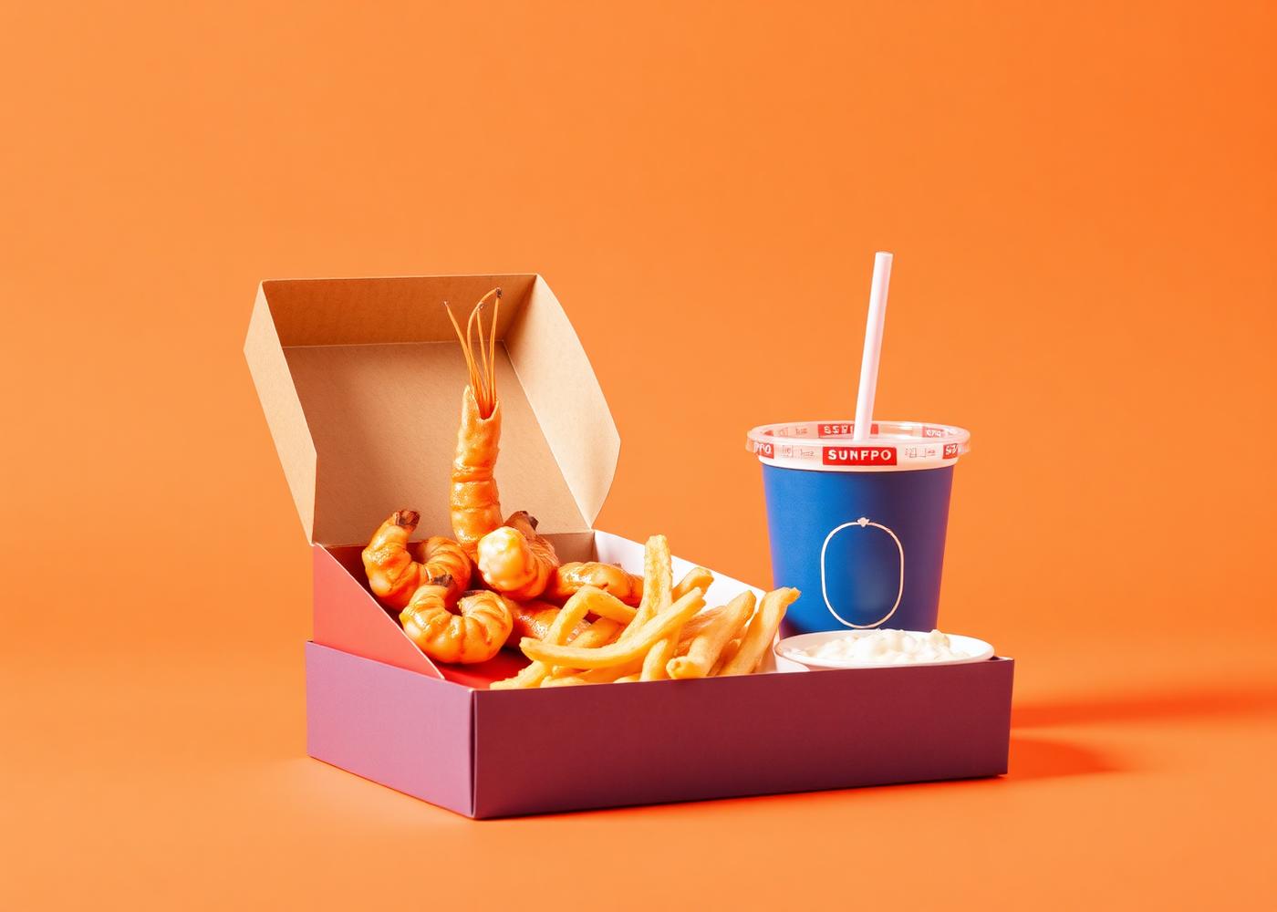 Shrimp meal combo box with fries and a drink